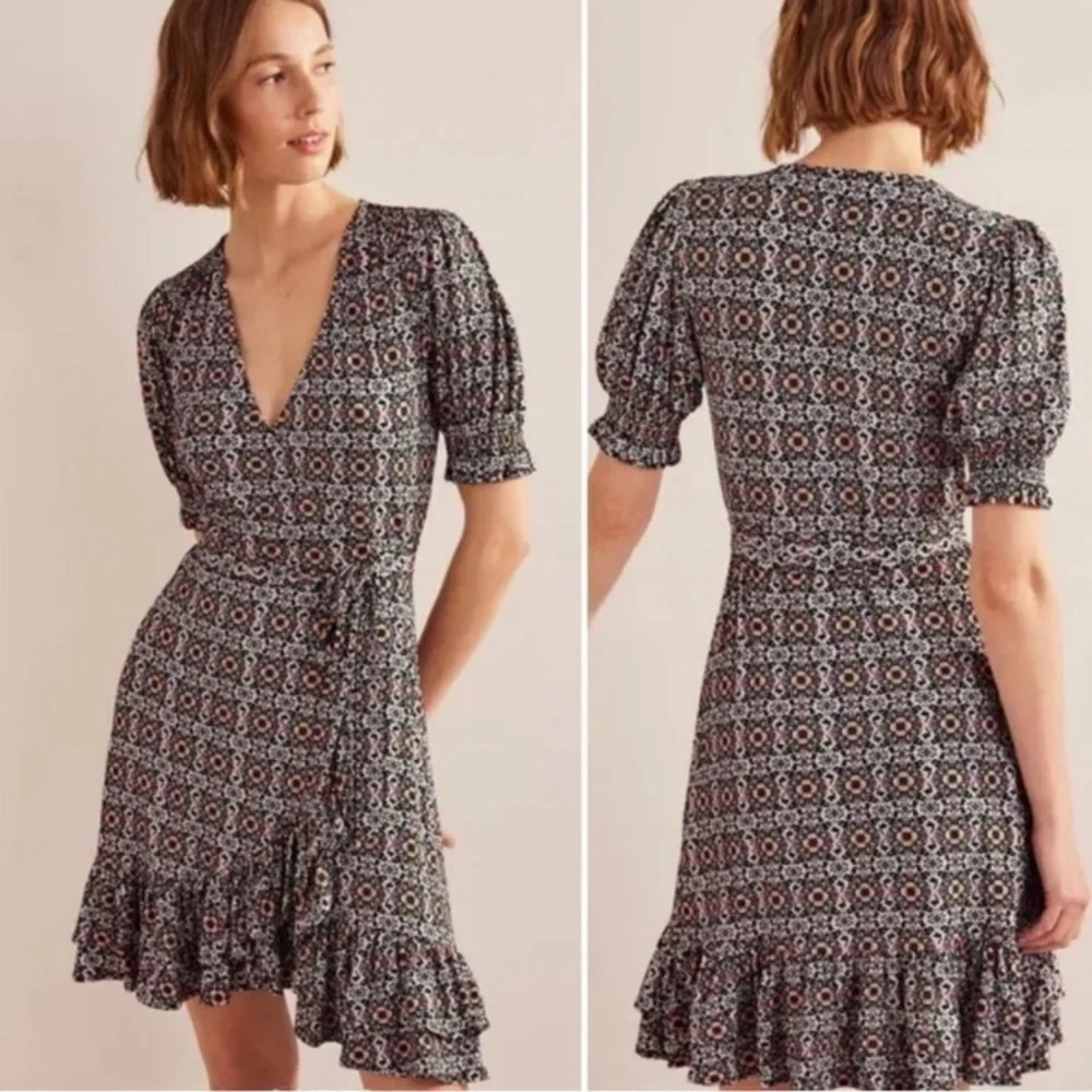NEW Boden Ruffle Wrap Jersey Mini Floral Short Sleeve Dress